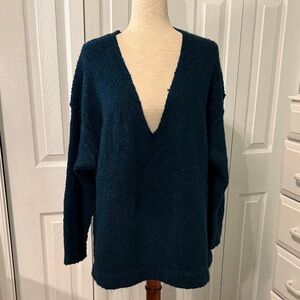 Free People Green Sweater Lofty Boucle Oversized Tunic Teal Deep V Alpaca Size M